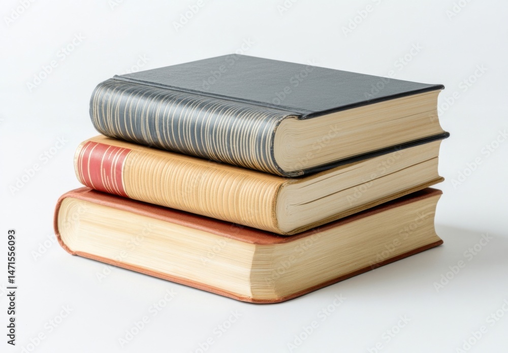 Poster a stack of three vintage books with aged pages and textured covers, showcasing different colors and 