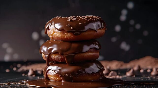 Chocolate glazed donut stack with melted chocolate glaze, sprinkles, and dripping sauce creating rich, sweet dessert treat and indulgent food stack