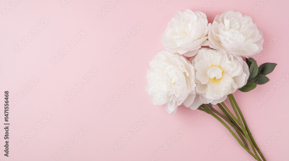 Poster elegant bouquet of four white peonies arranged on a soft pink background, creating a delicate and ro