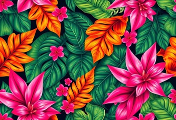 Vibrant pink and orange floral jungle leaf pattern, seamless repeat, design, exotic