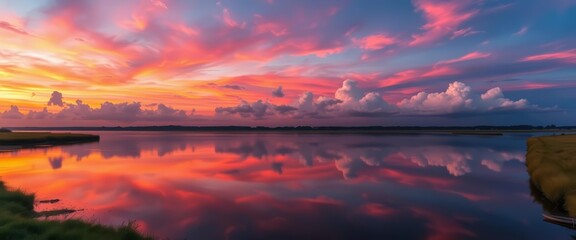 Vibrant sunset hues paint the sky and river, clouds mirrored in tranquil waters, sunset, panorama