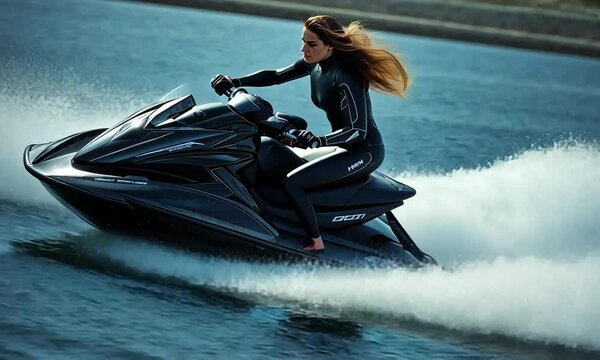 Athletic brunette woman in black suit rides jet ski at high speed on blue ocean water under bright sunlight
concept of extreme water sport