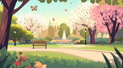 Spring Park with Bench, Fountain, and Butterflies.