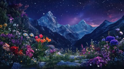 A vibrant landscape featuring colorful flowers and majestic mountains under a starry sky.