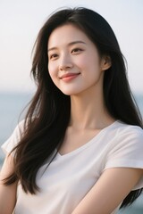 arafed asian woman with long black hair and white shirt