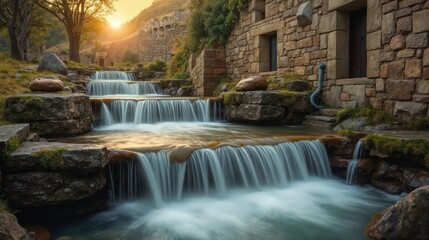 Panoramic view of Fuentes Carrionas y Fuente Cobre lit by soft morning sun.