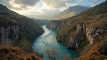 Cloudy midday over Hoces del Rio Duraton, panoramic view of river bends and rugged terrain.