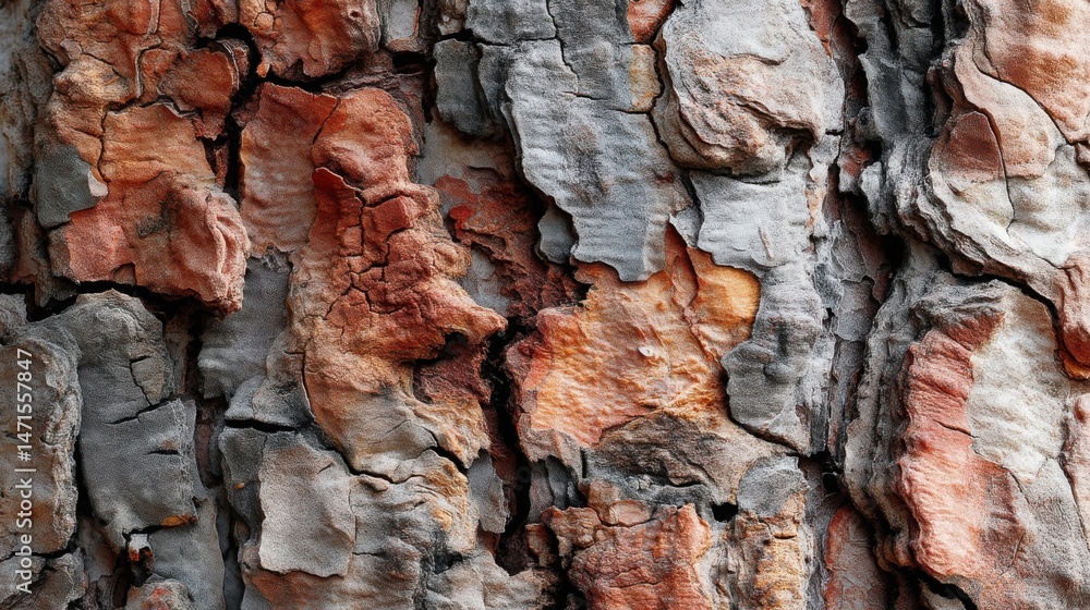 Poster detailed close-up of textured tree bark, showcasing a mix of gray, orange, and brown hues. the rough