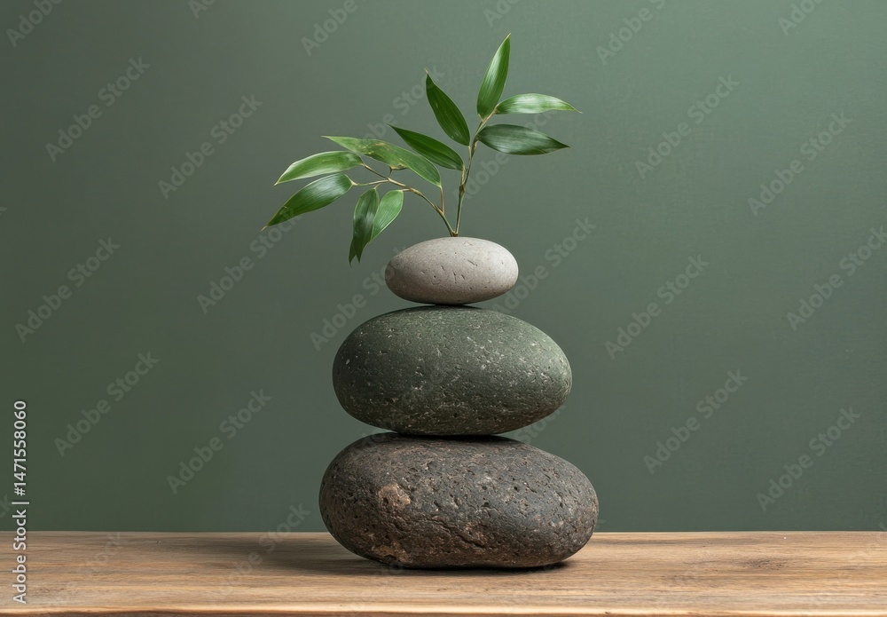 Poster serene stack of three smooth stones, topped with a small bamboo sprig, rests on a rustic wooden surf