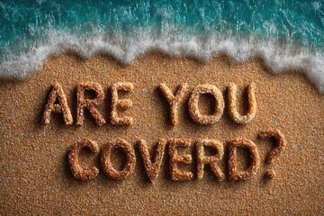 Fototapeta premium Sesame seed snack letters spelling 'Are you covered?' on sandy beach with ocean wave above. : Generative AI