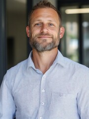Obraz premium Portrait of a smiling man with short, light brown hair and a graying beard, wearing a light blue gingham shirt. He appears friendly and approachable, ideal for corporate or professiona : Generative AI