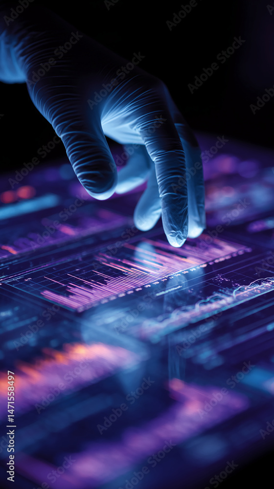 Poster gloved hand interacts with a digital interface displaying glowing graphs and data, symbolizing techn