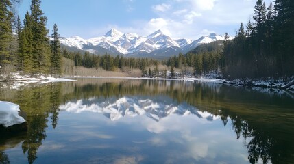 Fototapeta premium A mountain lake reflecting snowy peaks in Banff National Park