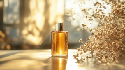 A glass perfume bottle with a golden liquid, surrounded by dried flowers and soft lighting.