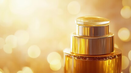 A close-up of a luxurious golden cosmetic bottle against a shimmering background.
