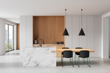 Modern minimalist kitchen interior with marble island, wood accents, and pendant lighting in bright open-concept space with large windows and city view. 3D Rendering