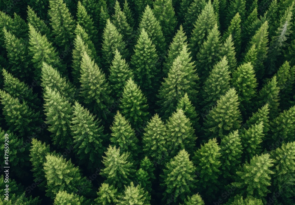 Aufkleber Aerial view of a dense evergreen forest, showcasing a multitude of tall, lush pine trees in a uniform pattern, creating a rich tapestry of green. : Generative AI