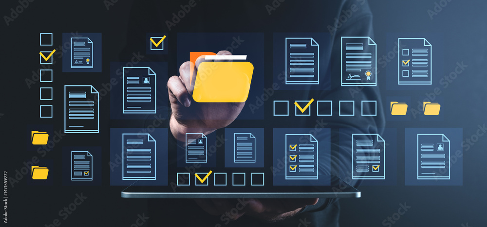 Poster digital document management system with file storage and online folder technology concept.