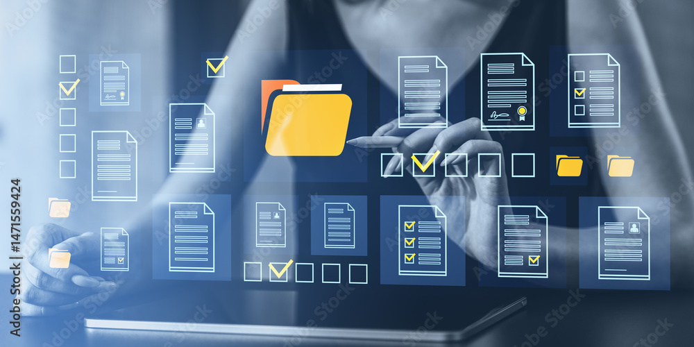 Poster digital document management system with virtual folders and files on futuristic screen.