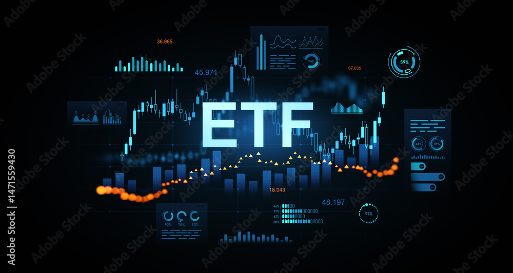 Aufkleber etf investment concept with glowing data charts, futuristic analytics and digital financial stats on