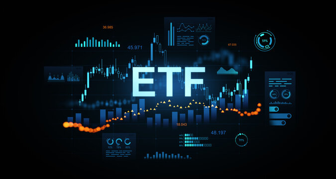ETF investment concept with glowing data charts, futuristic analytics and digital financial stats on dark background in modern financial technology scene. 3D Rendering