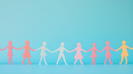 Colorful Paper Cutout Chain of People on Blue Background Symbolizing Unity and Community