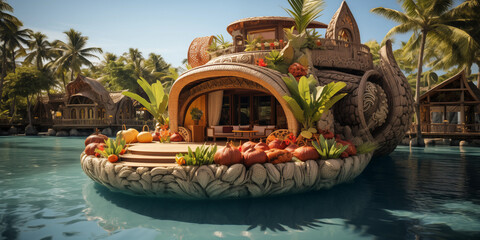 Beautiful tropical floating house with stunning architecture and lush decorations