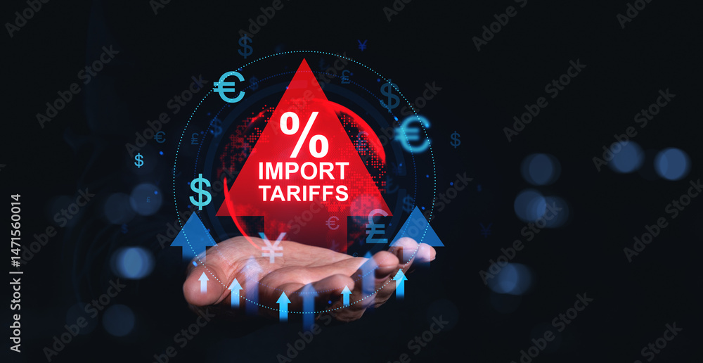 Poster import tariffs increasing concept with red triangle warning sign hovering above open hand surrounded