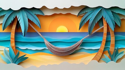Hammock with sunset beach, and paper art.