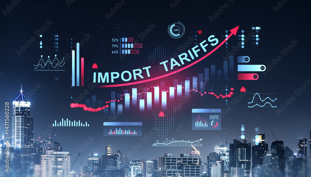 Poster rising import tariffs with financial data graphics on cityscape background at night.