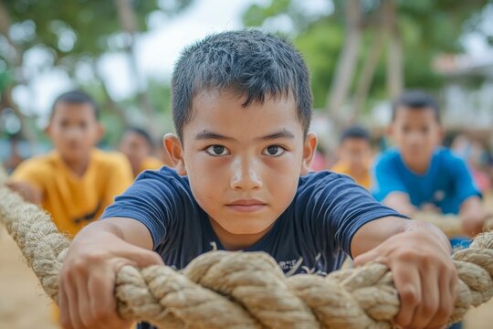 child sport exercise athlete rope competition strength challenge teamwork effort pulling pull tug rivalry struggle war conflict power contest team fun