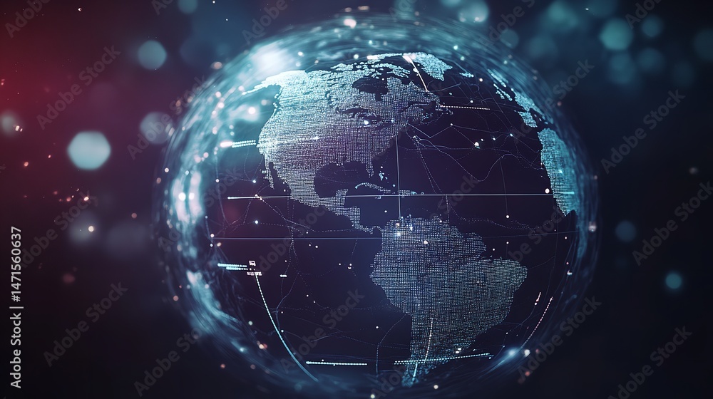 Poster digital global network world map technology data visualization abstract art blue dark globe light
