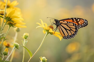 Fototapeta premium Monarch Butterfly on Yellow Flower – Dreamy Summer Macro Nature Photography