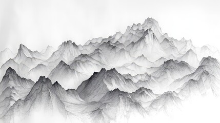 A monochromatic mountain landscape illustration showcasing intricate details and depth.