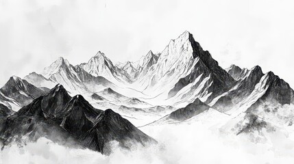 Monochrome mountain landscape illustration showcasing peaks and valleys in a dramatic style.