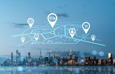 Logistics and delivery network over New York City skyline with digital map concept.