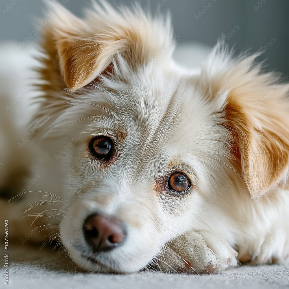 Poster adorable cream-colored puppy with expressive brown eyes rests its chin on a soft surface, showcasing