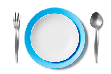 Top view of empty white plate with blue rim and silverware on white background symbolizing dining or food preparation concept. 3D Rendering