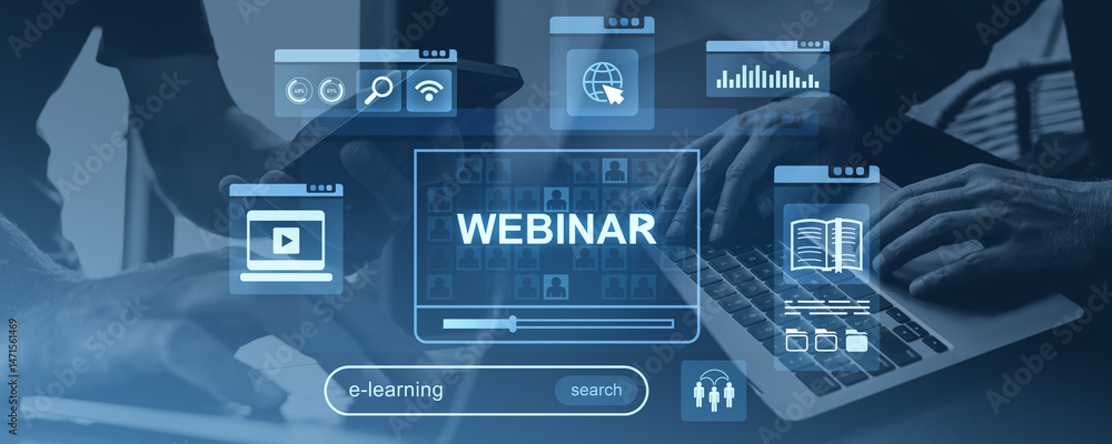 Poster webinar and e-learning technology concept with digital icons and hands on devices background.