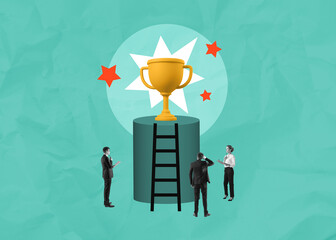Business team planning to reach a trophy representing success an