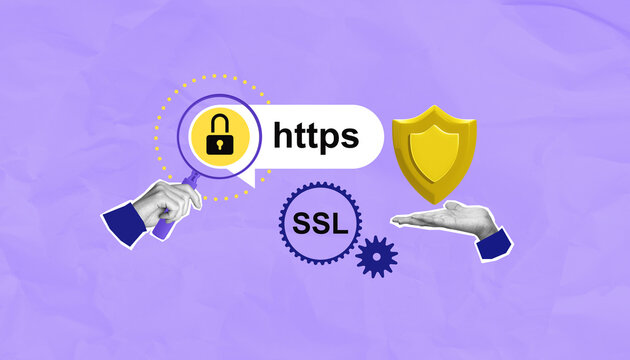 HTTPS SSL security concept with lock, shield and hands on purple background.
