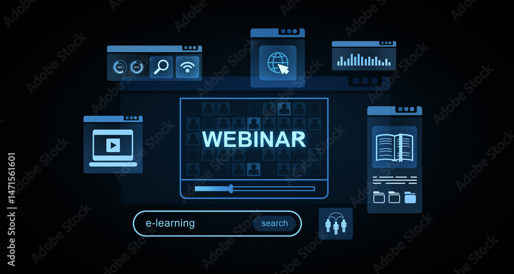Poster webinar and e-learning interface with digital icons representing video, internet, search, book, and 