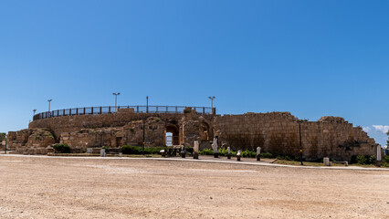 Panoramic view of the reconstructed ancient Roman amphitheater at Caesarea National Park in Israel.
