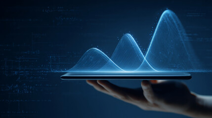 Blue digital wave data visualization on tablet, held in hand, showcasing technological innovation and data analysis, representing progress and future technology