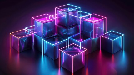 A vibrant arrangement of illuminated cubes in neon colors on a reflective surface.
