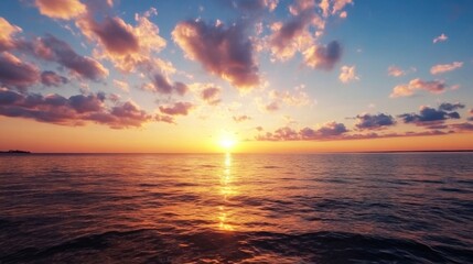 Fototapeta premium Serene sunset over calm ocean waters, vibrant orange and purple hues paint the sky with fluffy clouds, creating a breathtaking landscape. : Generative AI