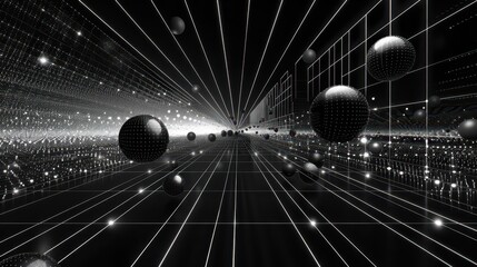 Abstract black and white design featuring spheres and lines, creating a sense of depth.