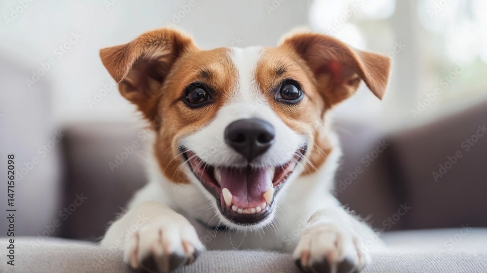 Poster happy jack russell terrier puppy rests on a couch, looking directly at the camera with a joyful expr