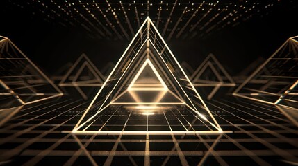 A futuristic scene featuring glowing pyramids in a dark, grid-like environment.