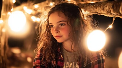 Fototapeta premium A young girl with curly brown hair gazes thoughtfully into the distance, illuminated by warm fairy lights strung amongst branches at night. : Generative AI